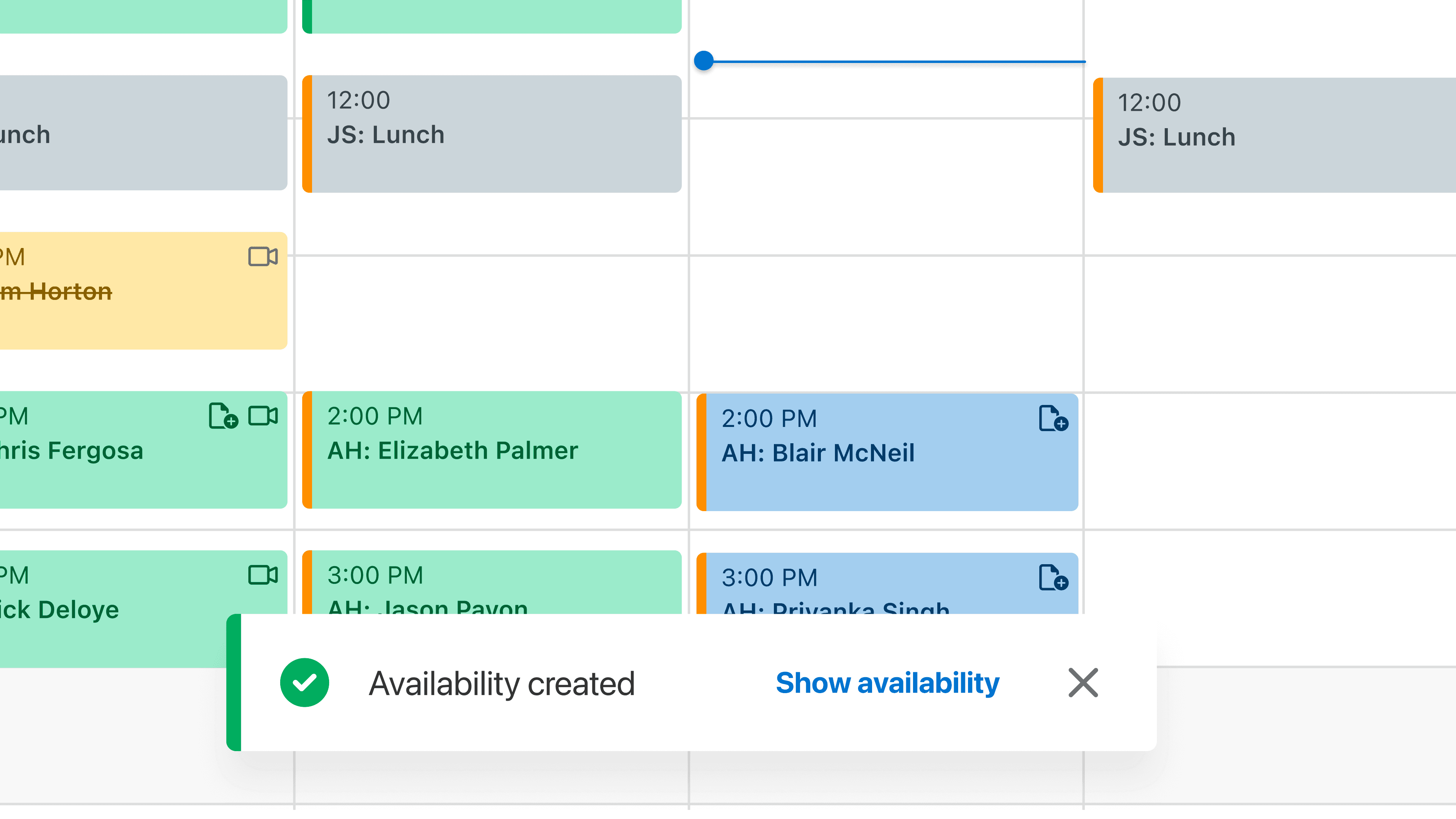 Initial design showing an Availability created confirmation and a Show availability action while the blue bars are hidden.