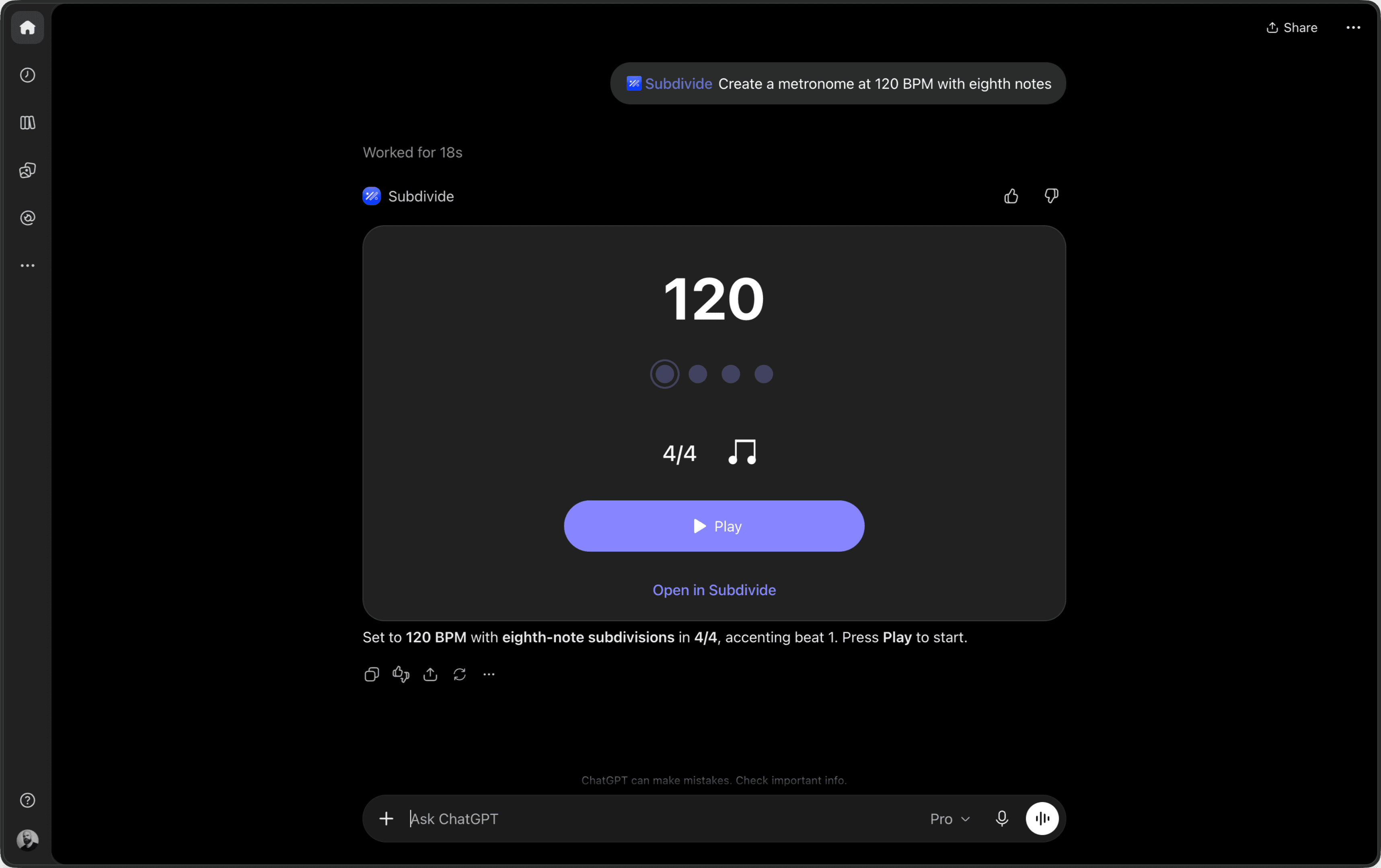 Subdivide in ChatGPT showing a generated 120 BPM metronome with Play and Open in Subdivide controls.