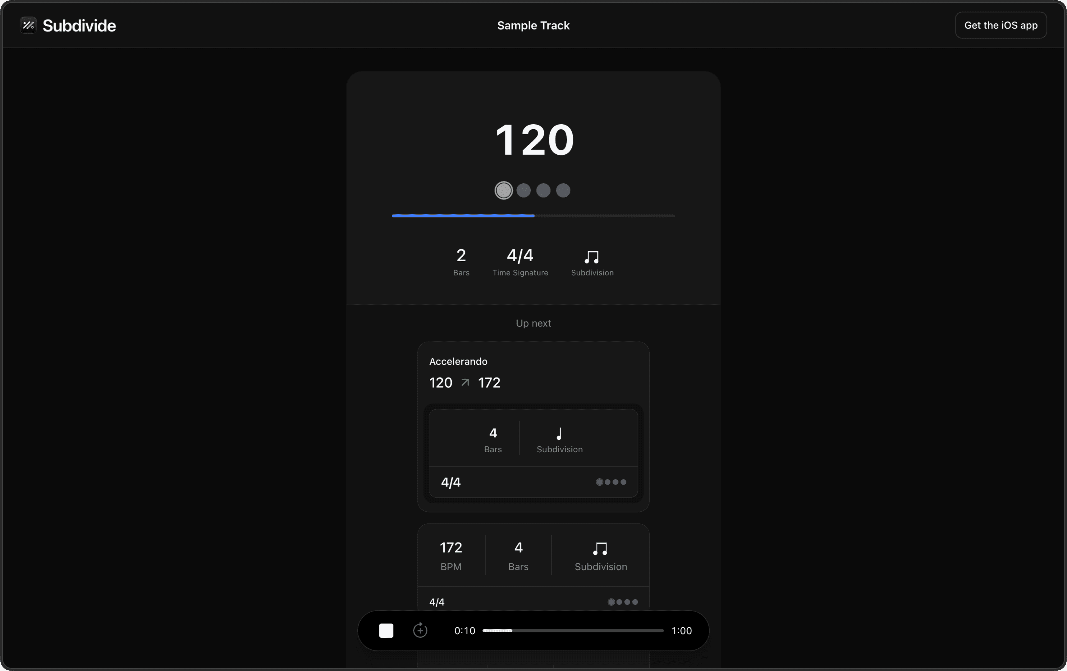 Subdivide’s web player showing a shared track at 120 BPM, upcoming sections, and playback controls.
